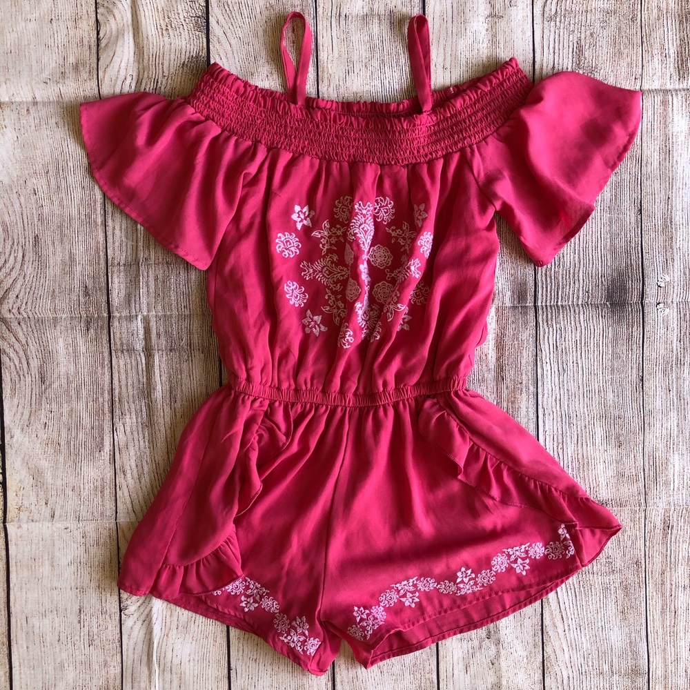 Bebe Girls large 14 romper hot pink embroidery